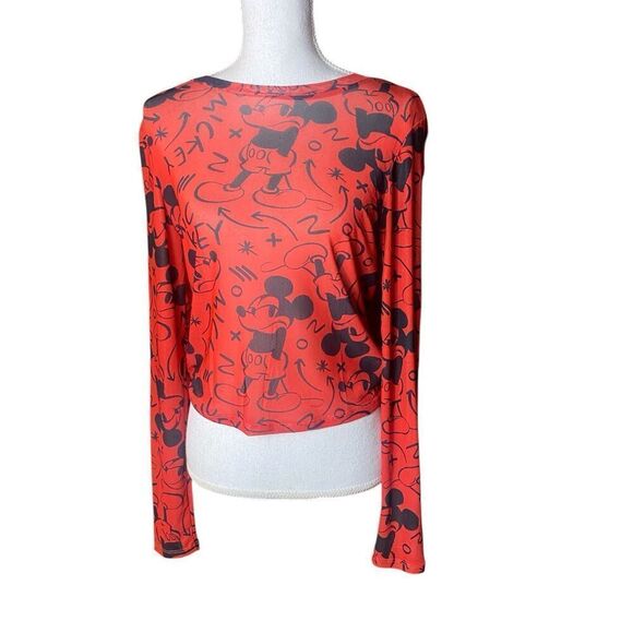 Disney Mickey Mouse Womens Red Mesh Long Sleeve Graphic T-Shirt Size Large NWT - Picture 1 of 6